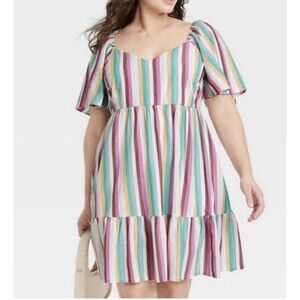 Ava & Viv Striped 100% Cotton Midi Dress Multicolor Size 1X Garden Sundress Plus